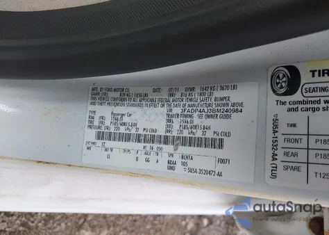 2011 Ford Fiesta S из США, поврежденный, VIN 3FADP4AJ3BM240984